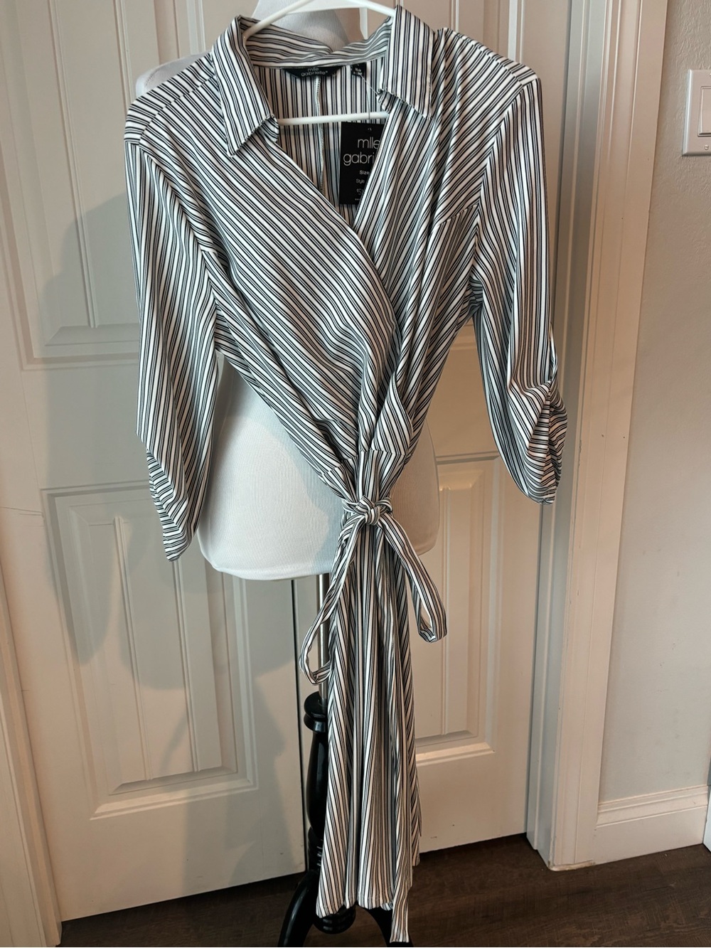 Mlle Gabrielle Black & White Striped Tie-Front Wrap Blouse